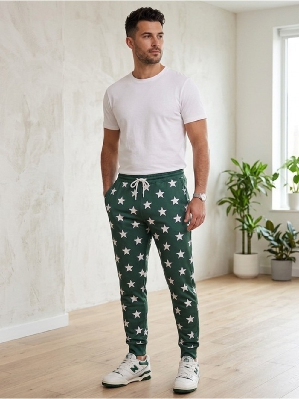 NWT Corey Paige Men’s Medium All Star Print Jogger Pant M Green White